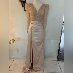 Elegant champagne Evening Gown with Beaded Sleeves #146